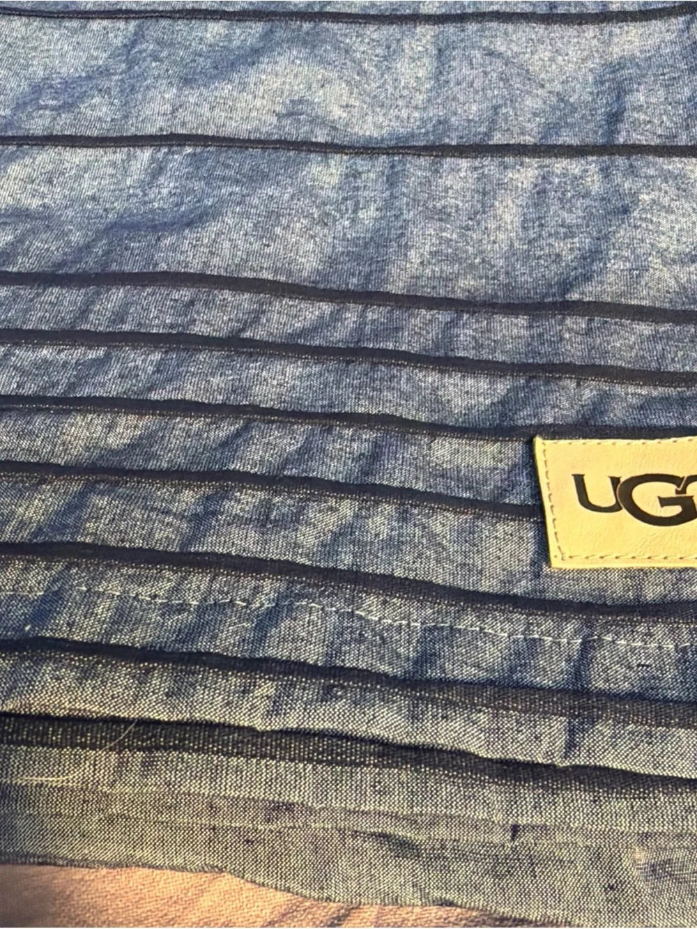 UGG fabric shower curtain cotton polyester blend 72”x72” denim blue dark stripes